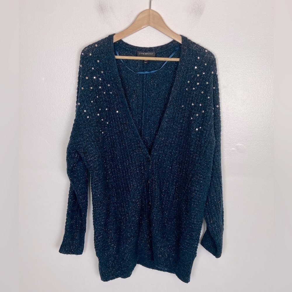 Lane Bryant Wool Blend Cardigan Sweater Rhinestones Size 22/24 Blue Cable Knit